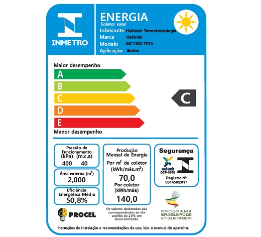 etiqueta inmetro de coletor solar MC 1300 TF20